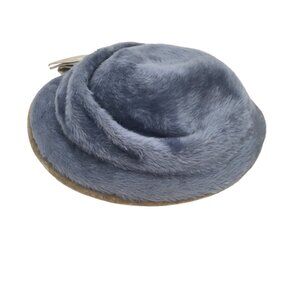 Vintage Chandra Musketeer Hat Blue Faux Fur Cloche  with Hair Clips Lace Lining